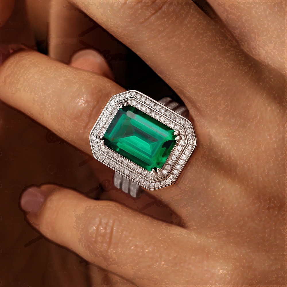 10ct Double Halo Emerald Cut Emerald Sapphire Engagement Ring