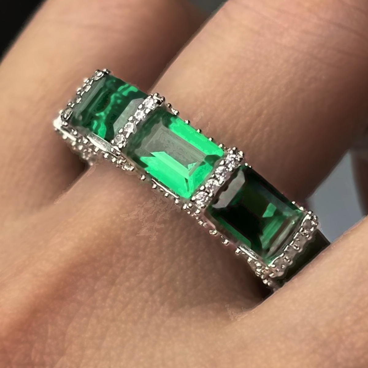 10ctw Emerald Cut Emerald & White Sapphire Pavé Eternity Band