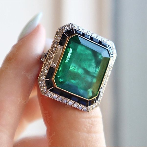 12ct Art Deco Inspired Emerald Cut Green Sapphire Engagement Ring