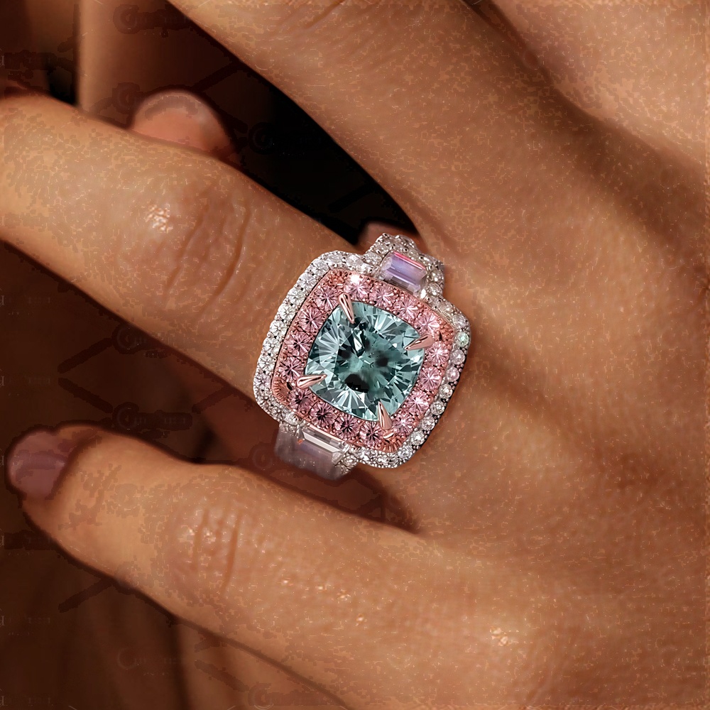 2.5ct Cushion Cut Aquamarine Sapphire Double Halo Engagement Ring