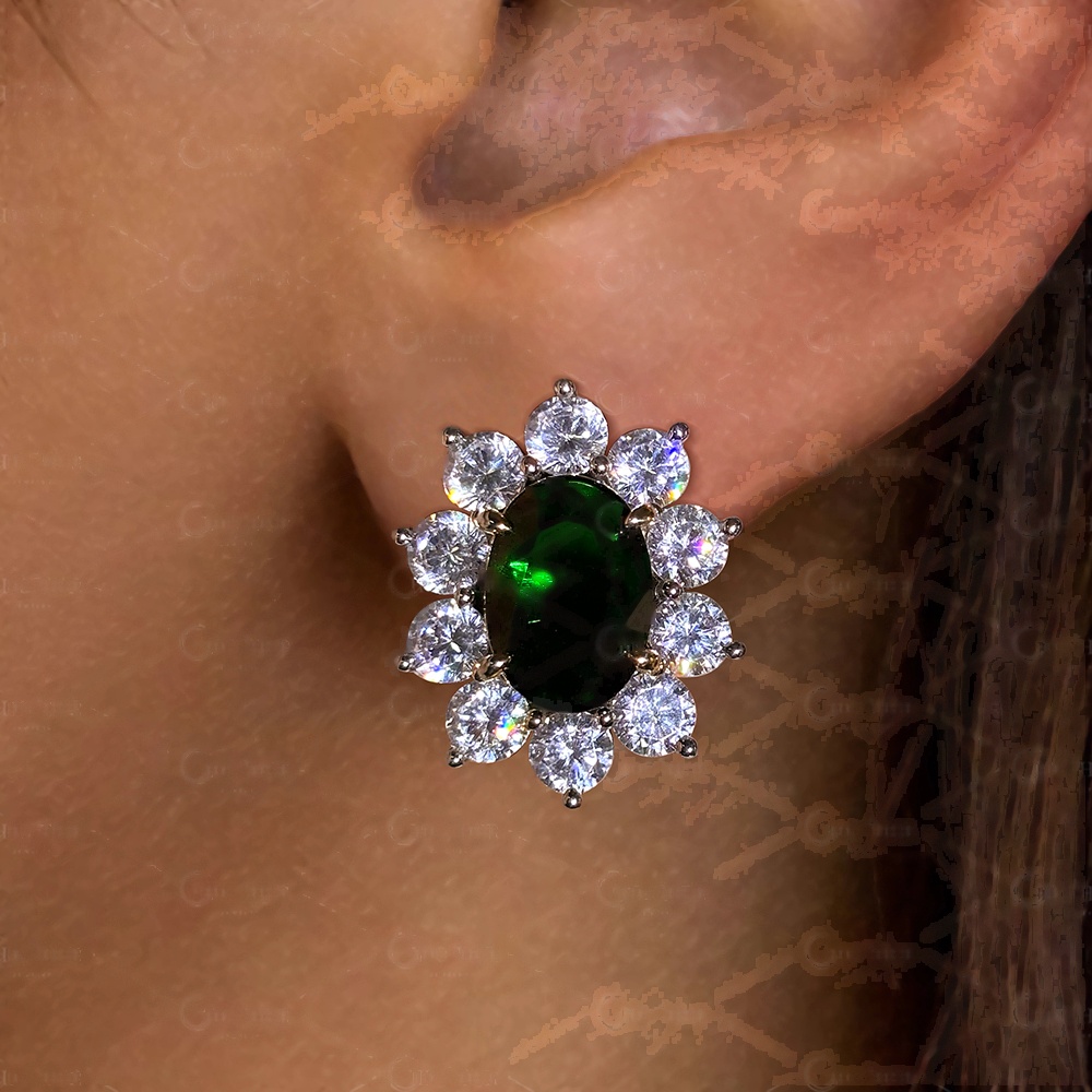 Halo Oval Cut Emerald Green Sapphire Stud Earrings