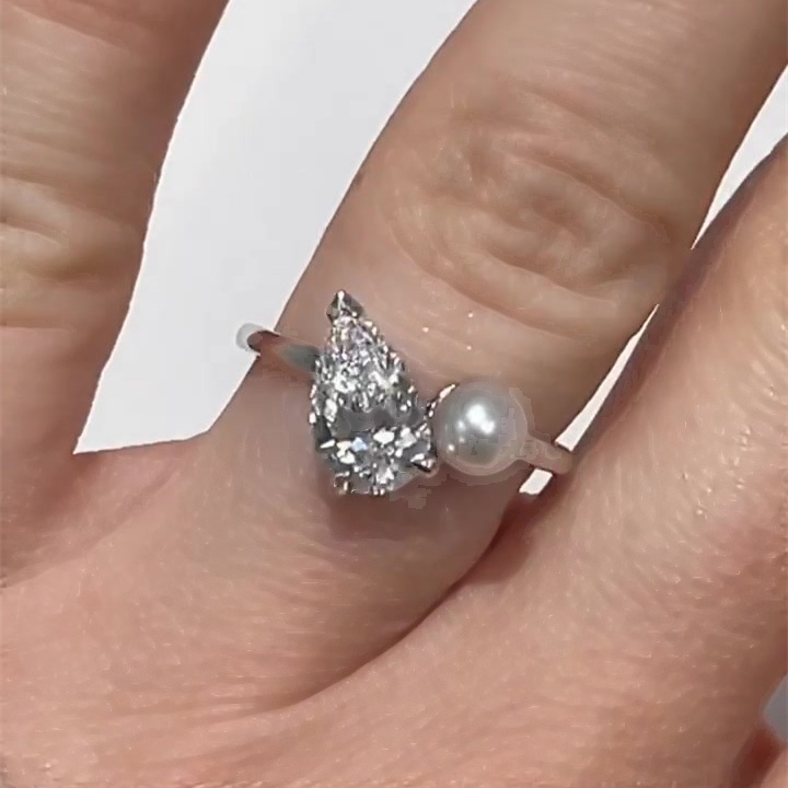 2ct Pear Cut White Sapphire Wedding Band with Pearl