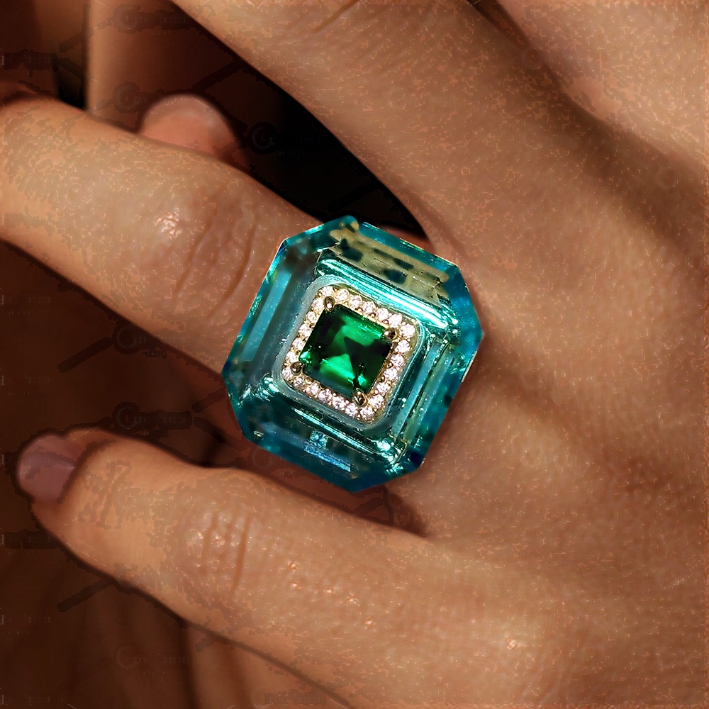 2ct Unique Emerald Cut Emerald Sapphire Engagement Ring