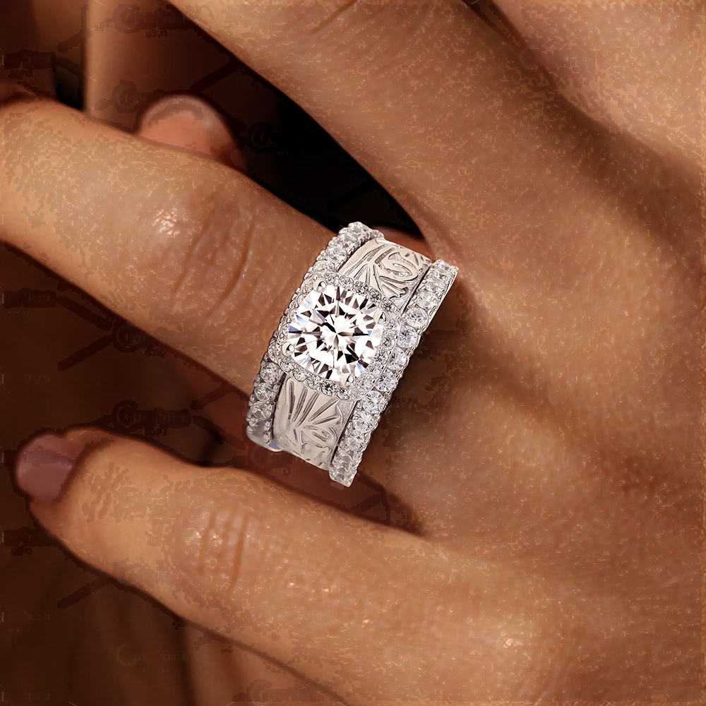 3ct Retro Engraved Cushion Cut White Sapphire Wedding Set Rings
