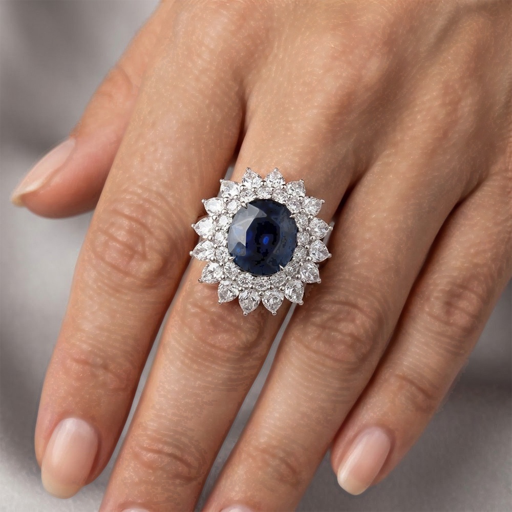 3ct Oval cut Blue Sapphire Double Halo Cocktail Ring