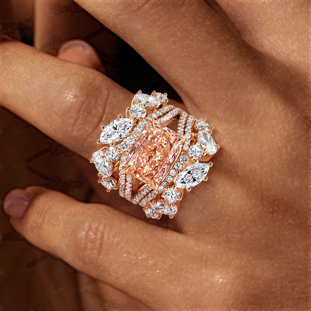 3ct Radiant Cut Peach Morganite Multi-Stone Bridal Ring Set (3-Piece Stacking Set)
