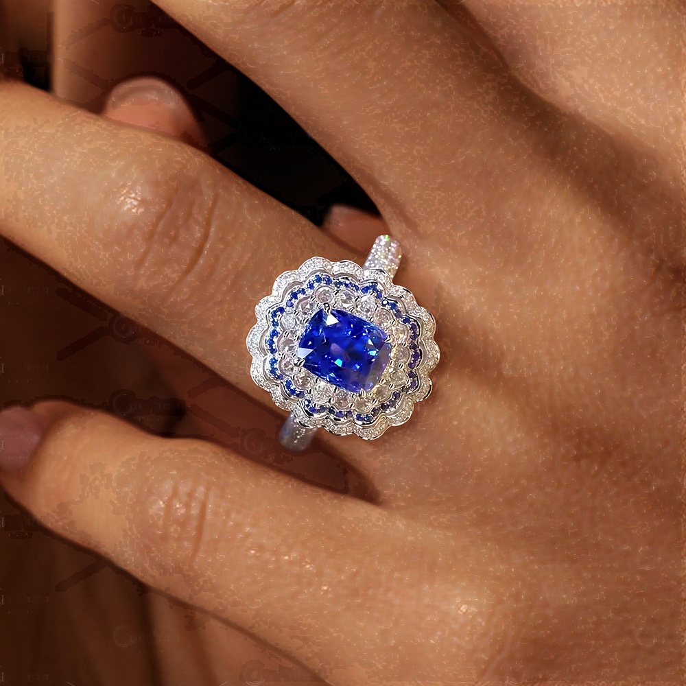 4ct Art Deco Halo Cushion Cut Blue Sapphire Engagement Ring