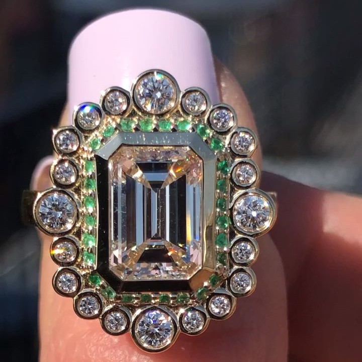 4ct Art Retro Halo Emerald Cut White Sapphire Engagement Ring