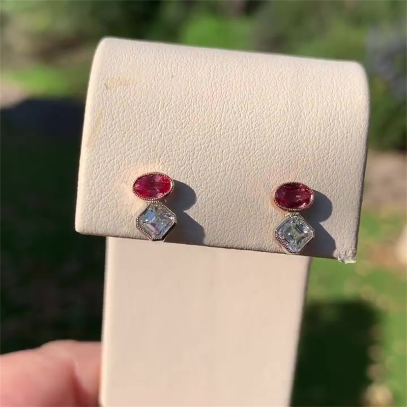 4ct Oval&Asher Cut Ruby&White Sapphire Stud Earrings