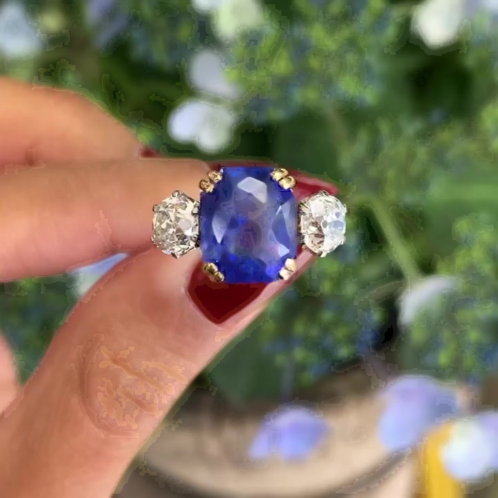 4ct Three-Stone Cushion Cut Blue Sapphire Engagement Ring