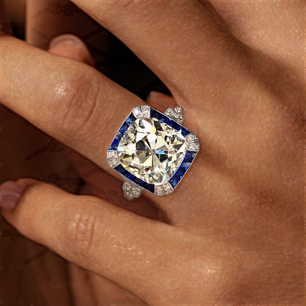 5.92ct Milgrain Blue&White Sapphire Engagement Ring