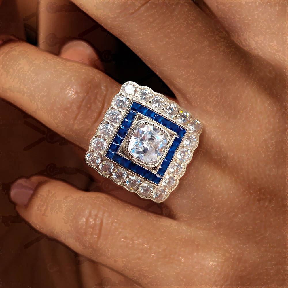 5ct Art Deco Sapphire Halo Cushion Cut White Sapphire Ring