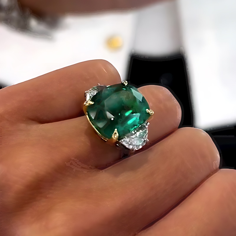 5ct Cushion Cut Emerald Sapphire Three-stone Ring
