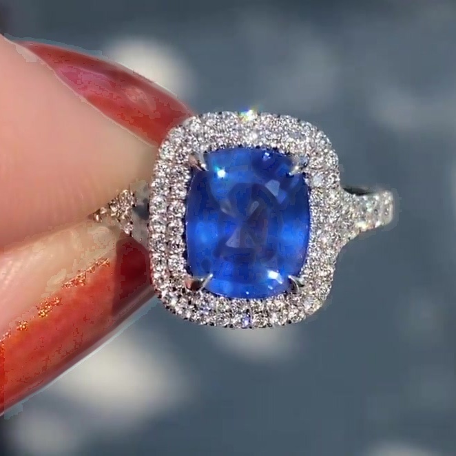 5ct Split Shank Double Halo Cushion Cut Blue Sapphire Ring
