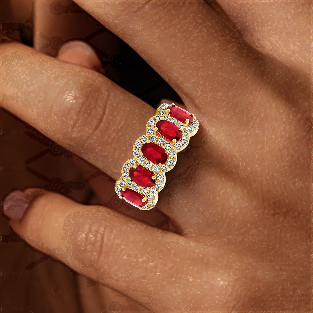6.25ct Five Stone Halo Oval Cut Garnet Sapphire Eternity Ring