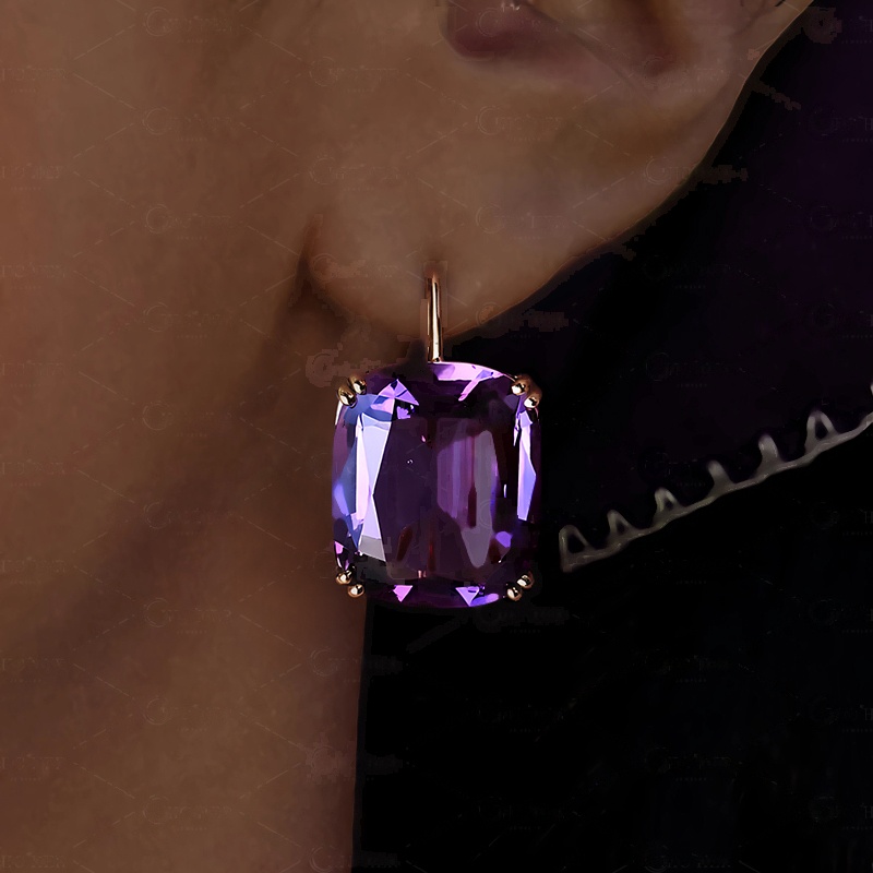 6ct Gold Double Claw Cushion Cut Purple Drop Earrings
