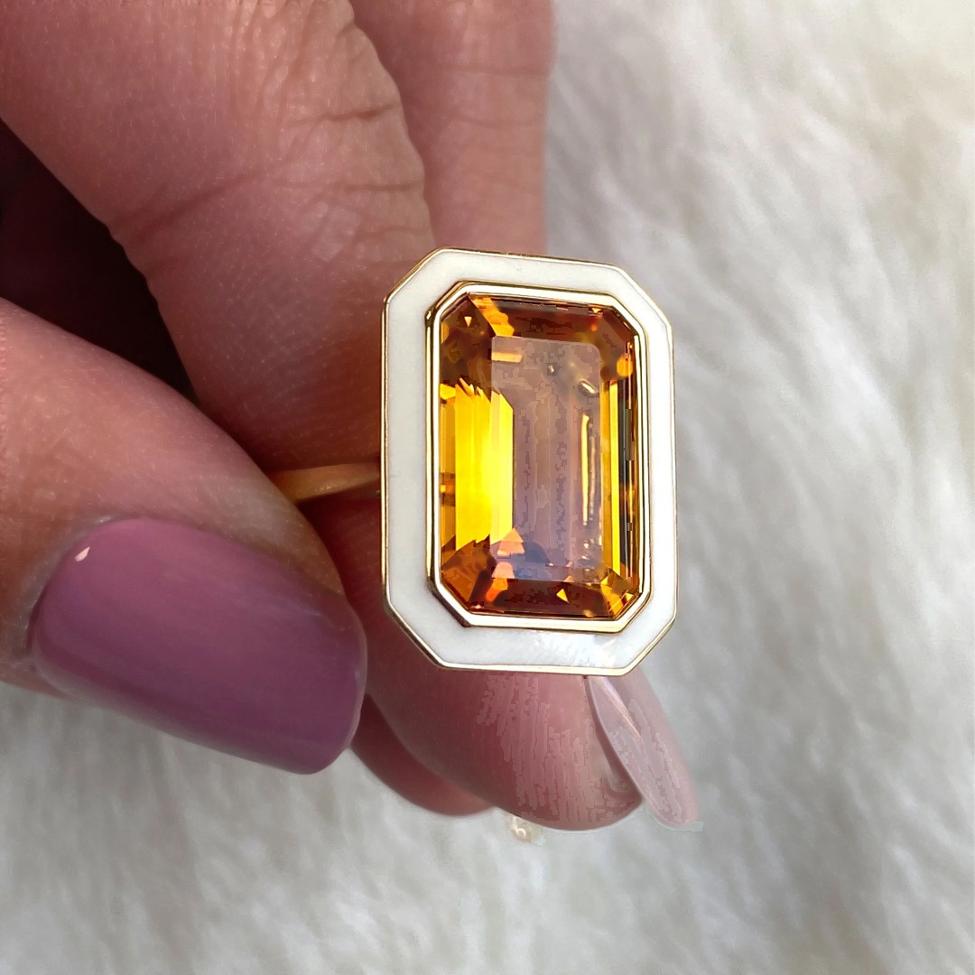 7ct Emerald Cut Yellow Sapphire Ring with White Enamel