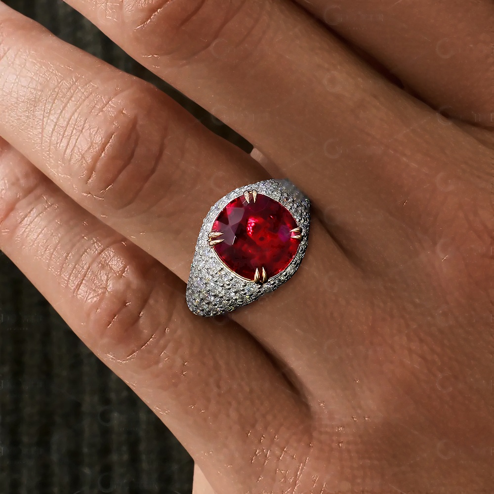 7ct Micro-pave Setting Cushion Cut Garnet Sapphire Men's Ring