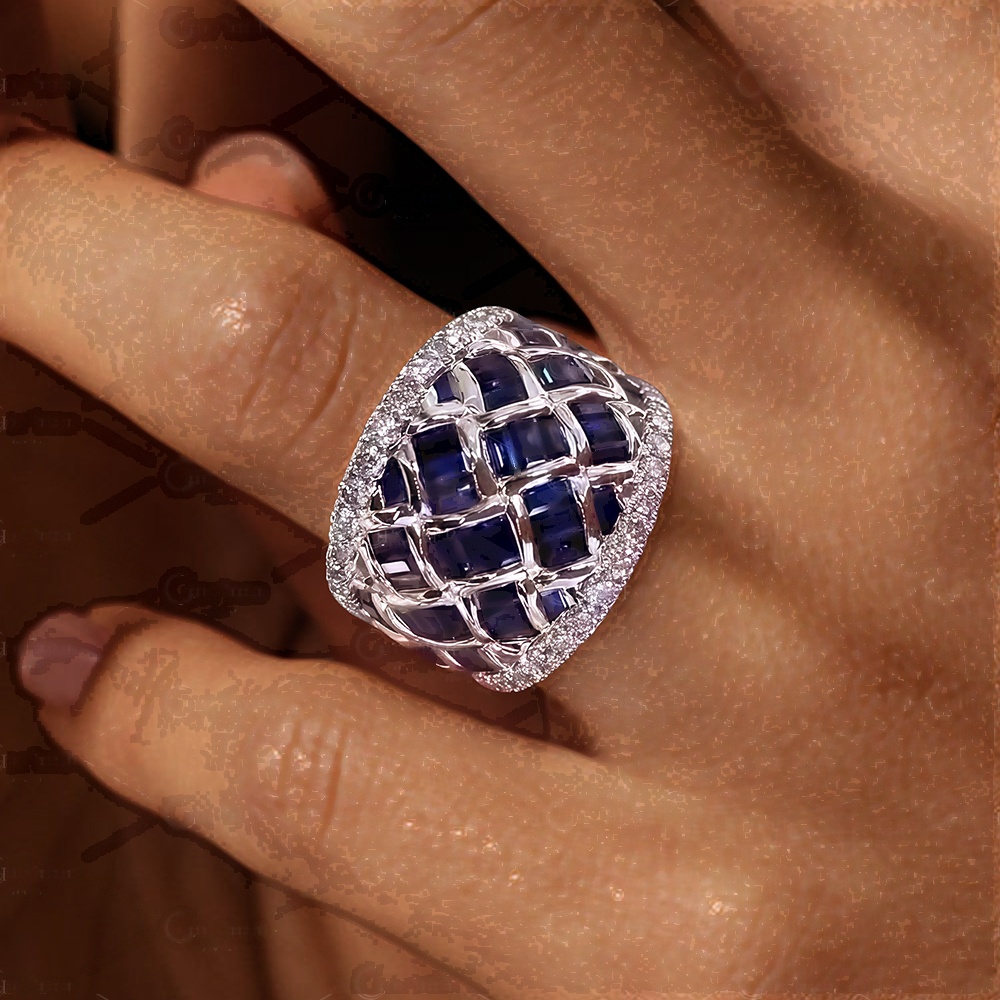 8.35ct Luxury Basket Weave Baguette Cut Blue&White Sapphire Eternity Ring