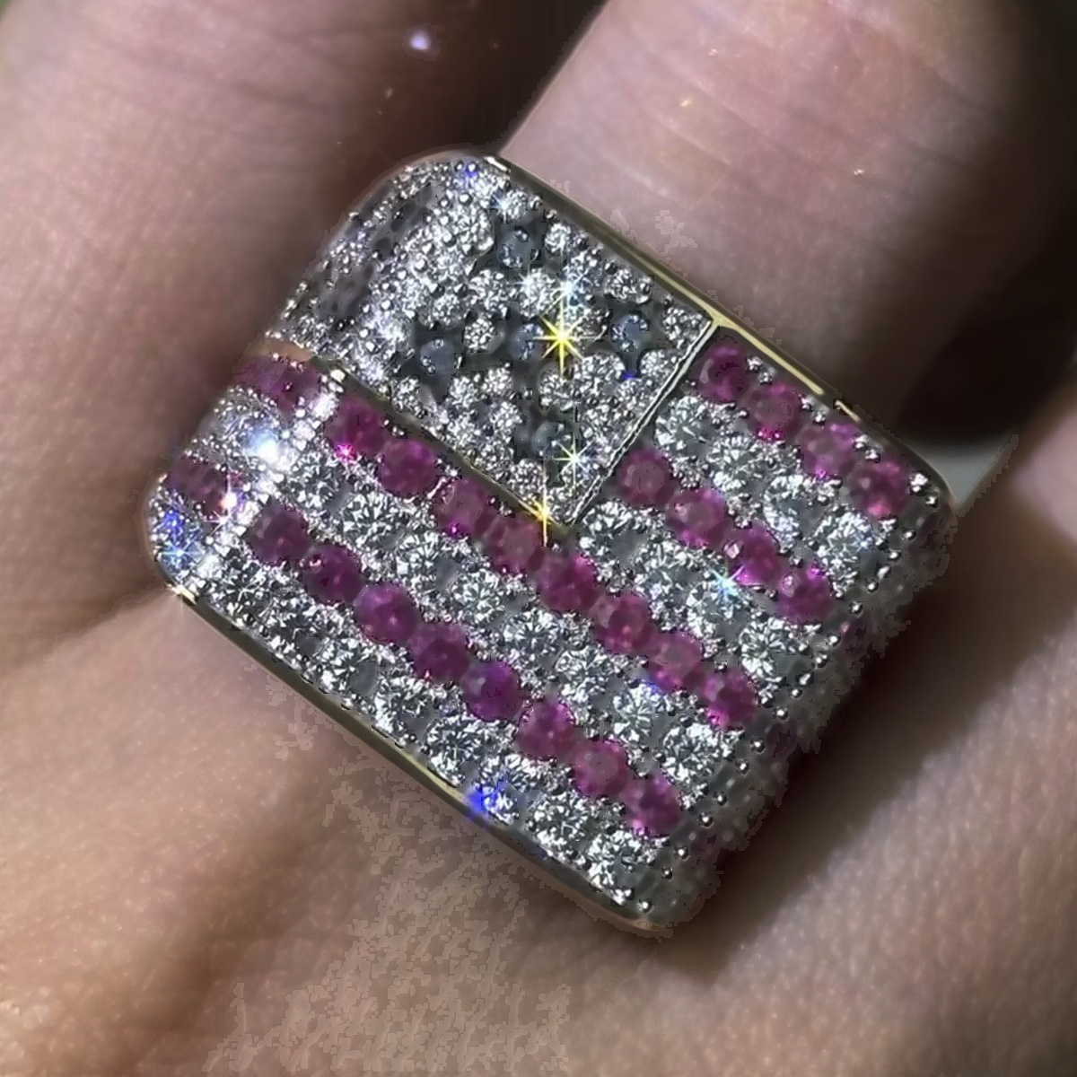 American Flag Motif White Sapphire Statement Band for Men/Women