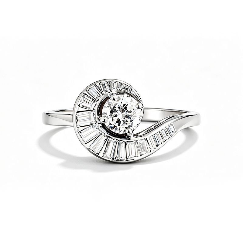 Art 1.25ct Round Cut White Moissanite Crescent Swirl Engagement Ring