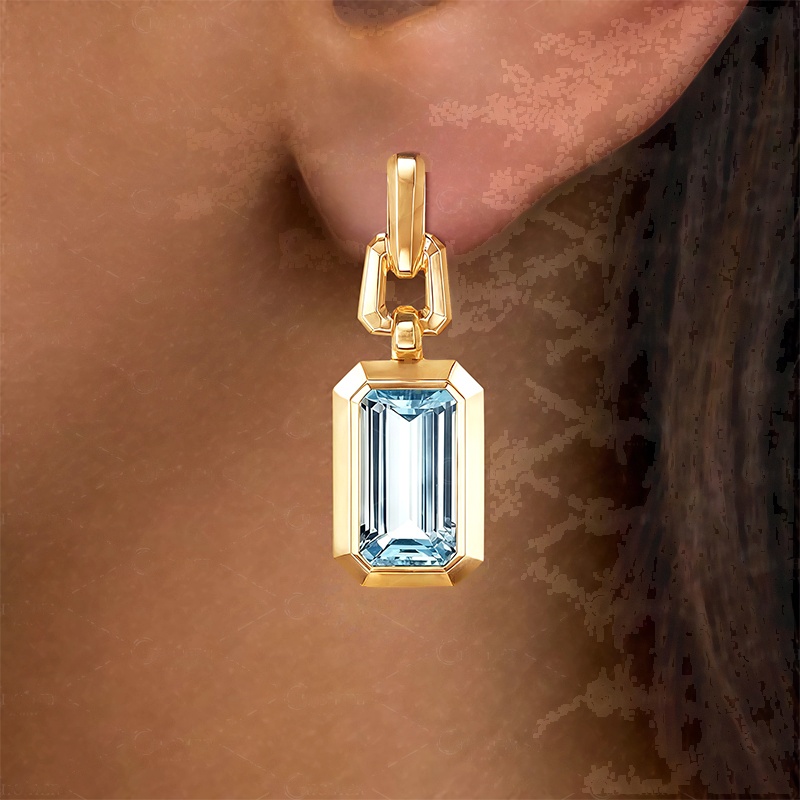 Art Deco Gold Emerald Cut Aquamarine Drop Earrings