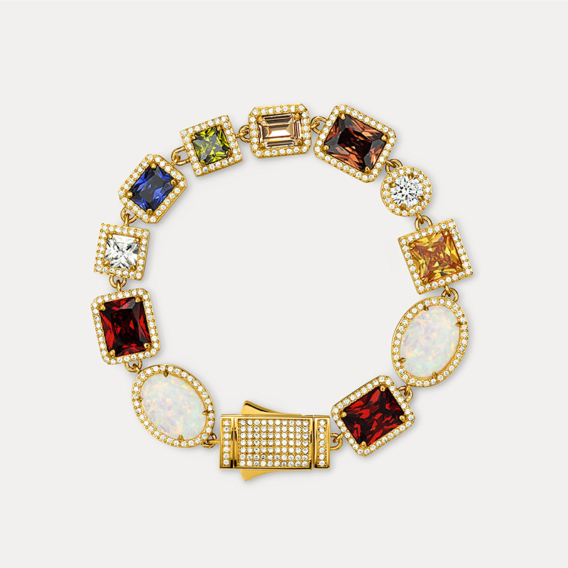 Art Deco Multi Cut Rainbow Sapphire & Opal Two Tone Men's Bracelet