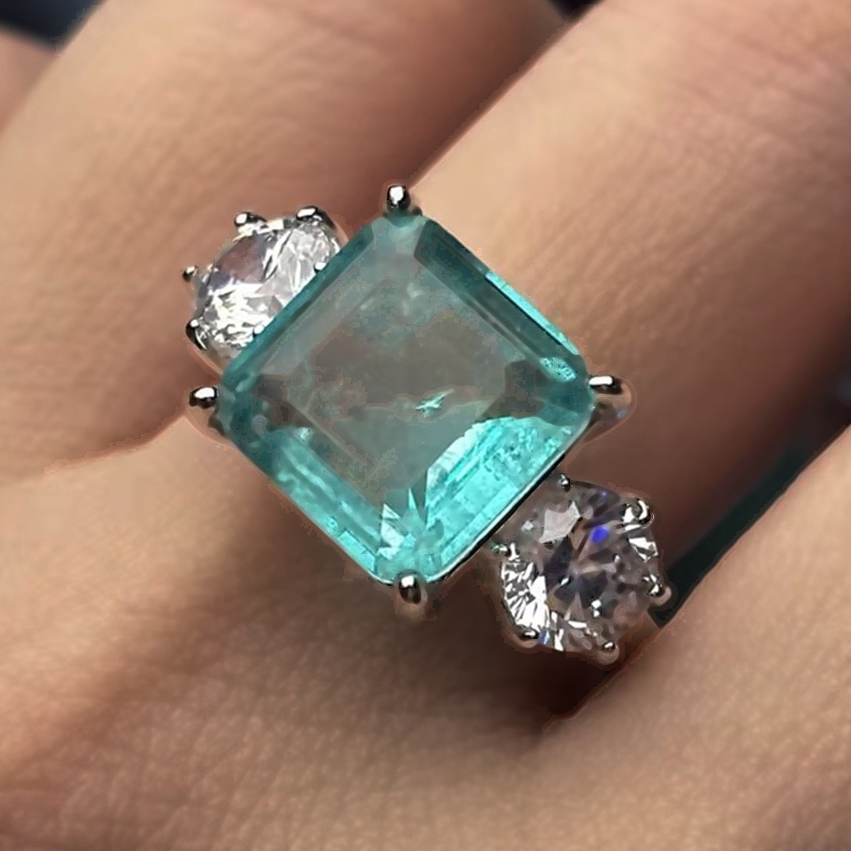 Classic 3ct Emerald Cut Emerald & White Sapphire Three Stone Engagement Ring