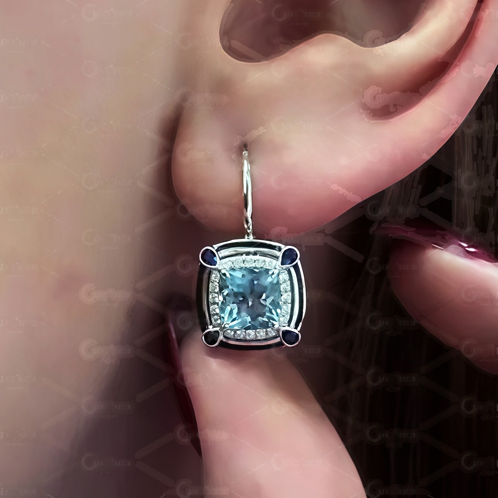 Cushion Cut Aquamarine Sapphire Drop Earrings