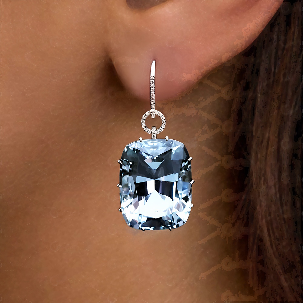 Cushion Cut Aquamarine Sapphire Drop Earrings