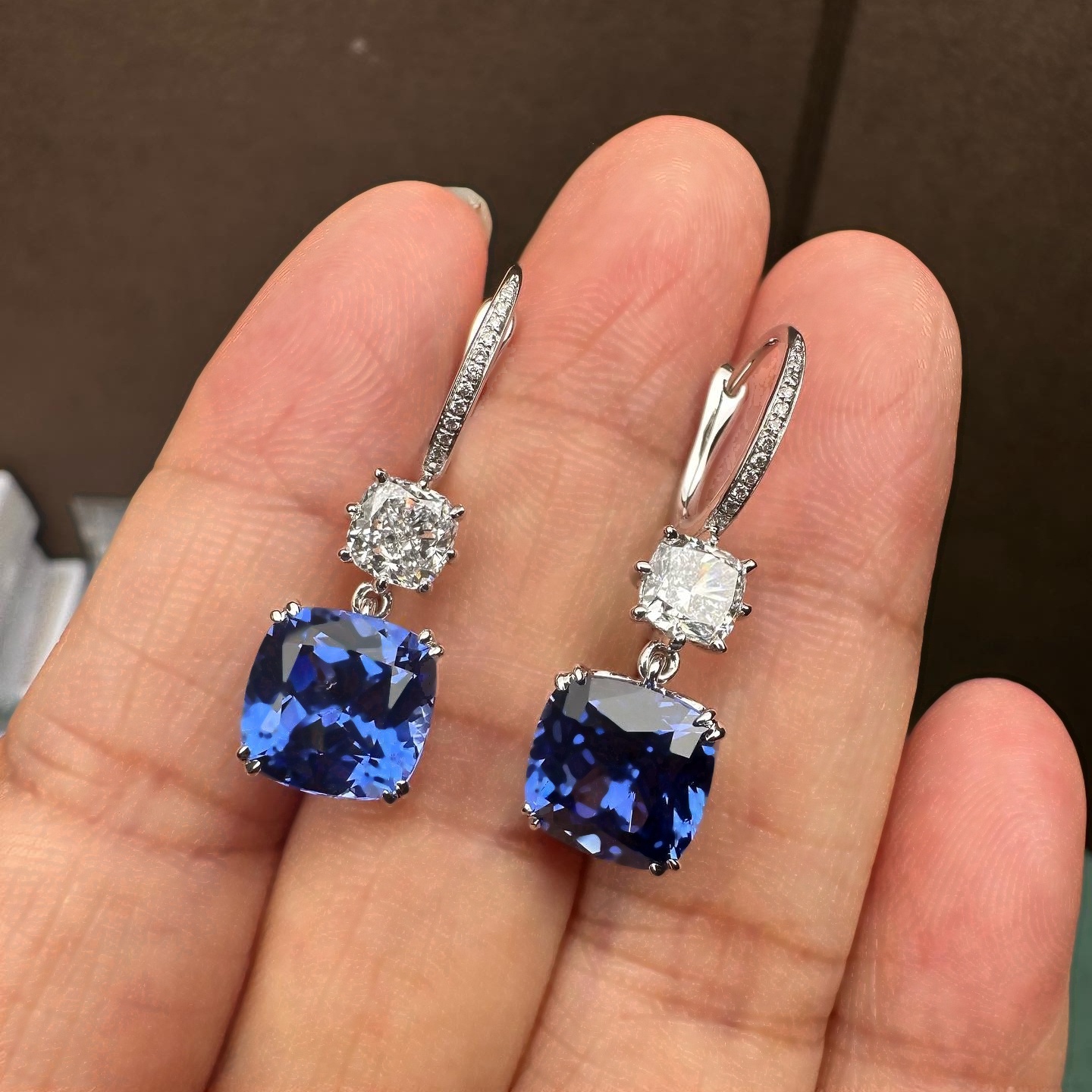 Cushion Cut Blue Sapphire Huggie Drop Earrings