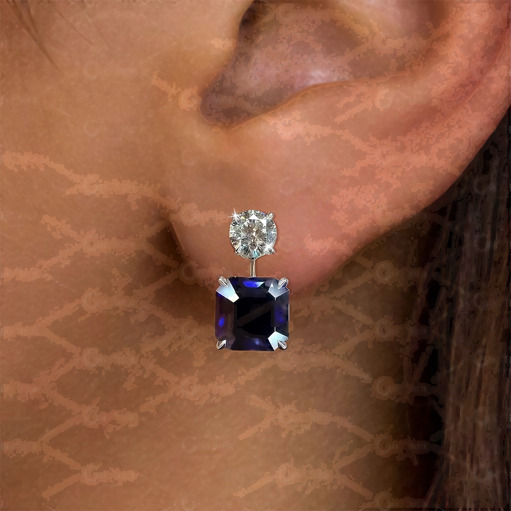Asscher Cut Blue Sapphire Drop Earrings