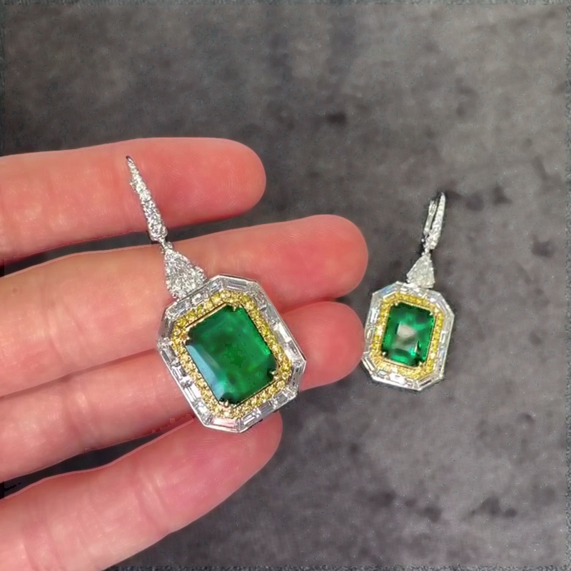 Emerald Cut Halo Peridot Drop Earrings