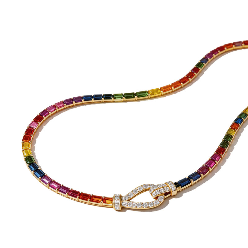 Emerald Cut Multi Color Sapphire Lasso Lock Rainbow Necklace