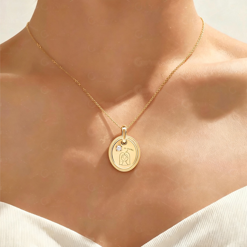 Engraved Oval Charm Necklace with 5 Unique Designs (Diamond Accent)
