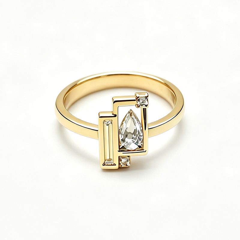 Fashion 1.25ct Pear & Rectangle Cut White Moissanite Open Frame Engagement Ring（2 Color Options）