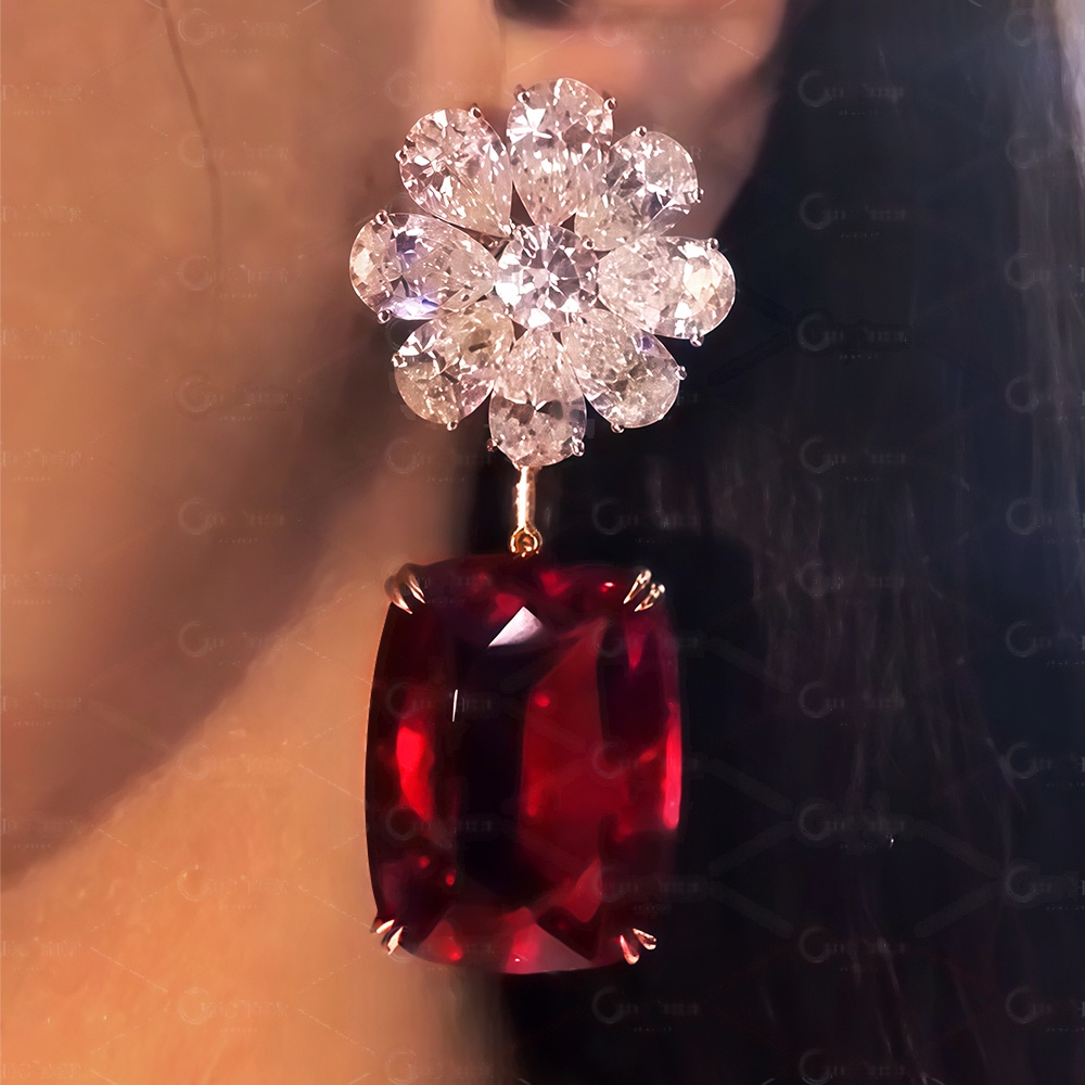 Flower Design Cushion Cut Garnet Sapphire Drop Earrings