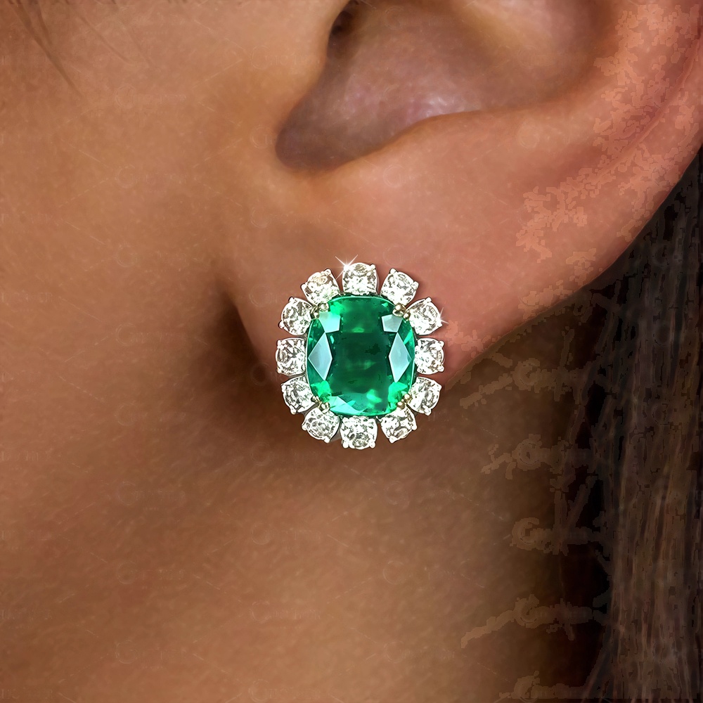 Halo Cushion Cut Emerald Green Sapphire Stud Earrings
