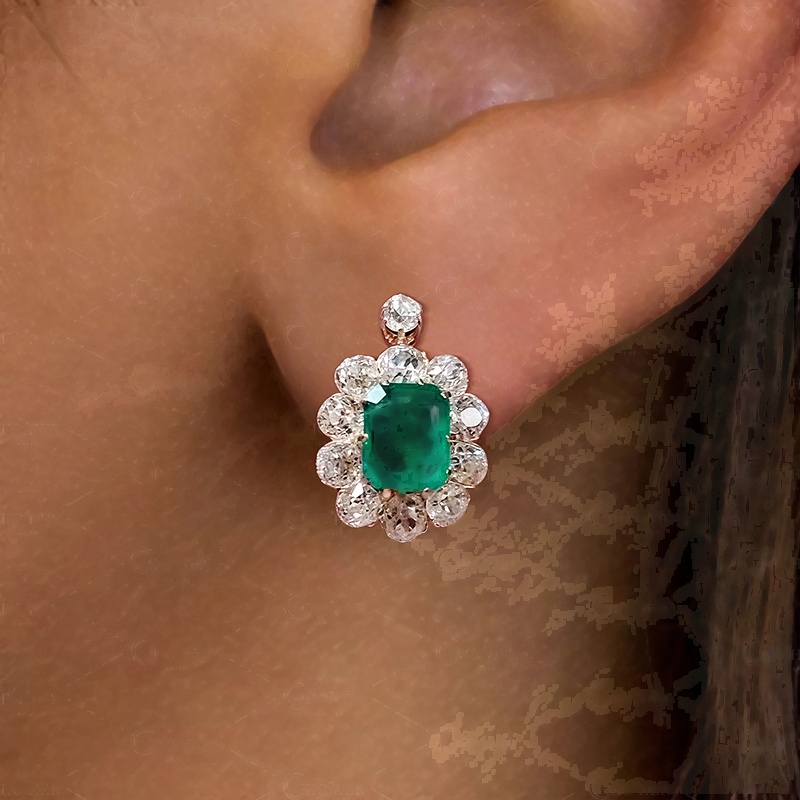 Halo Emerald Cut Green Sapphire Drop Earrings