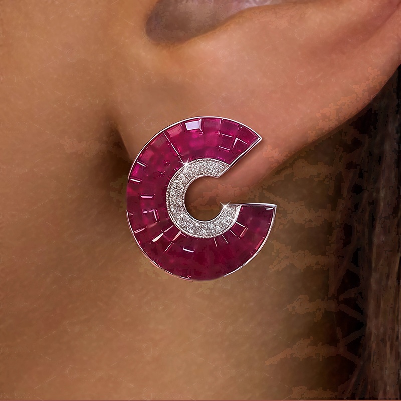 Invisible Setting Ruby&White Sapphire Scallop Earrings