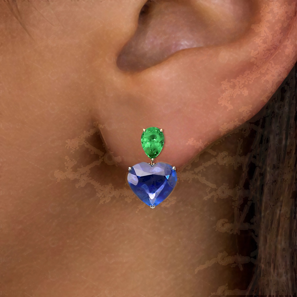 Heart Cut Blue Sapphire & Pear Cut Emerald Drop Earrings