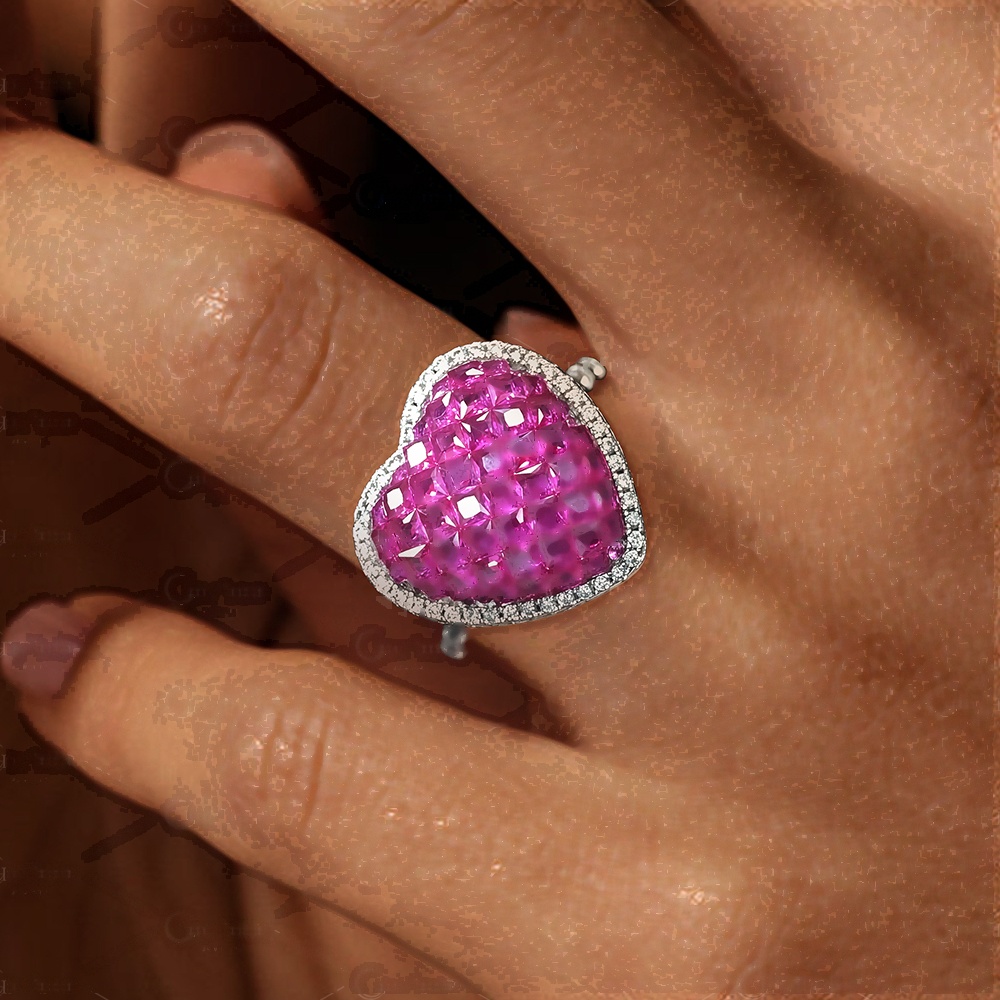 Invisible Setting Princess Cut Ruby Sapphire Love Heart Ring