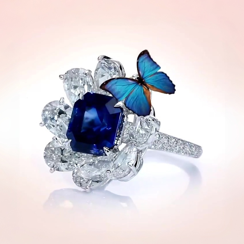 Halo 3ct Asscher Cut Blue & White Sapphire Engagement Ring