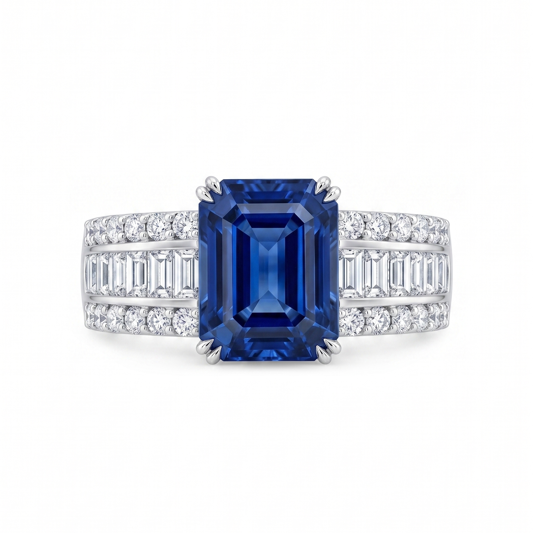 Original Design - 6ct Emerald Cut Blue Sapphire Engagement Ring