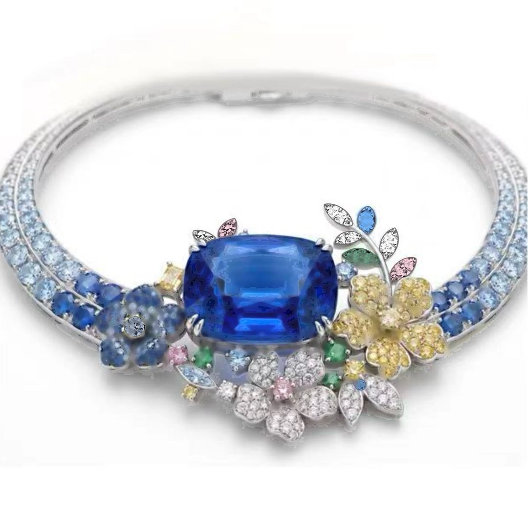 Original Design - Cushion Cut Blue Sapphire Flowers Necklace