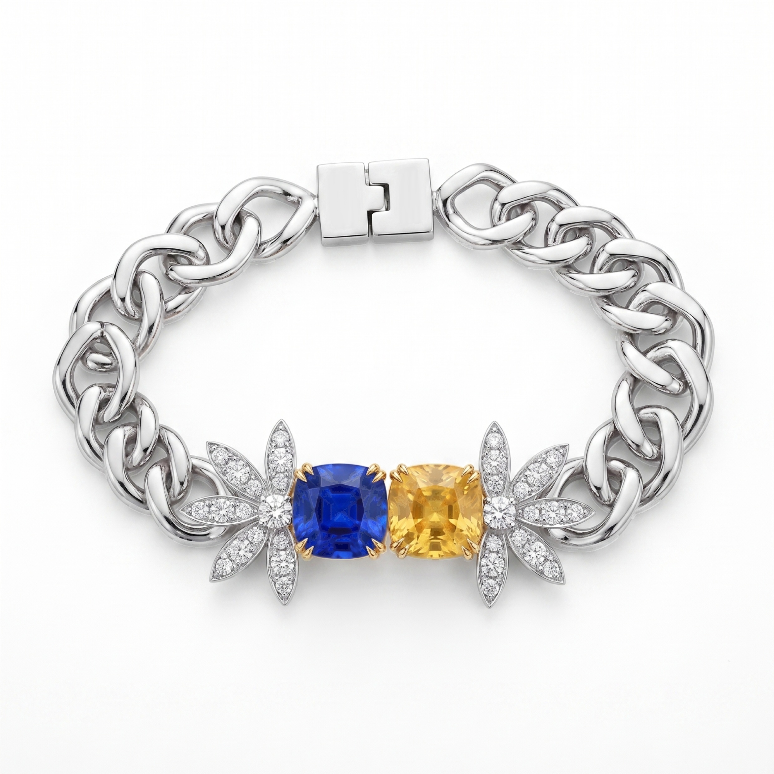 Original Design -  Cushion Cut Toi et Moi Blue & Yellow Sapphire Floral Bracelet