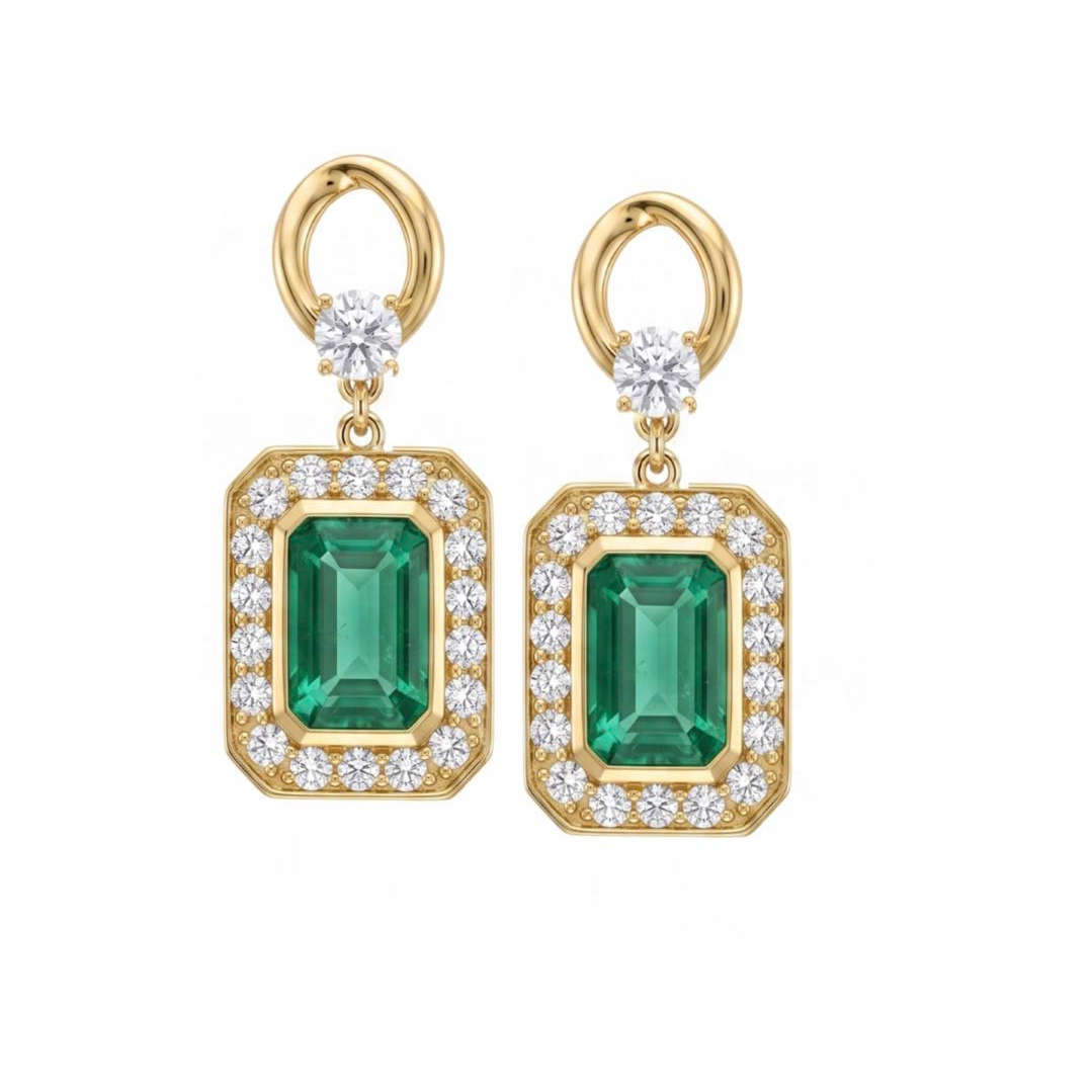Original Design - Emerald Cut Emerald Sapphire Dangle Earrings