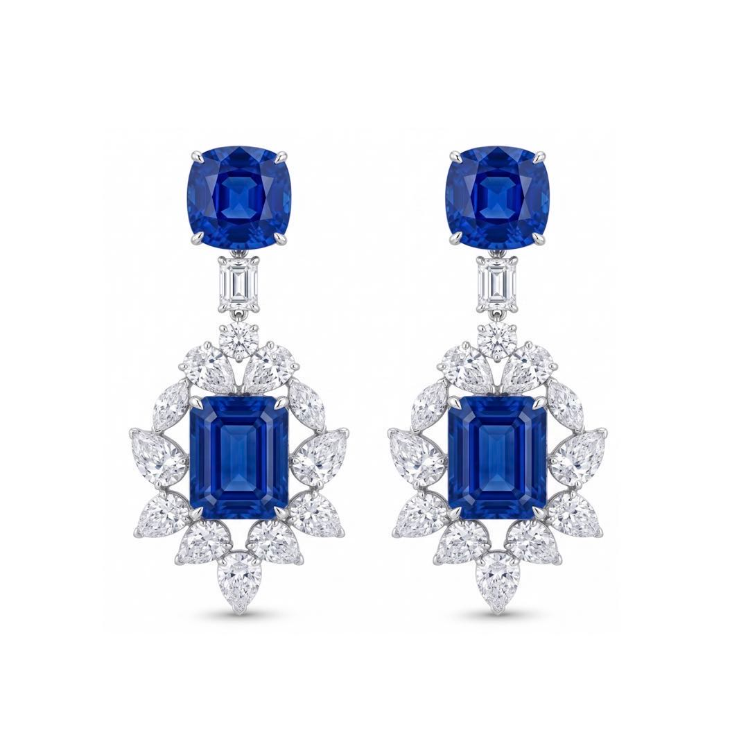 Original Design - Fashion Blue & White Sapphire Dangle Earrings