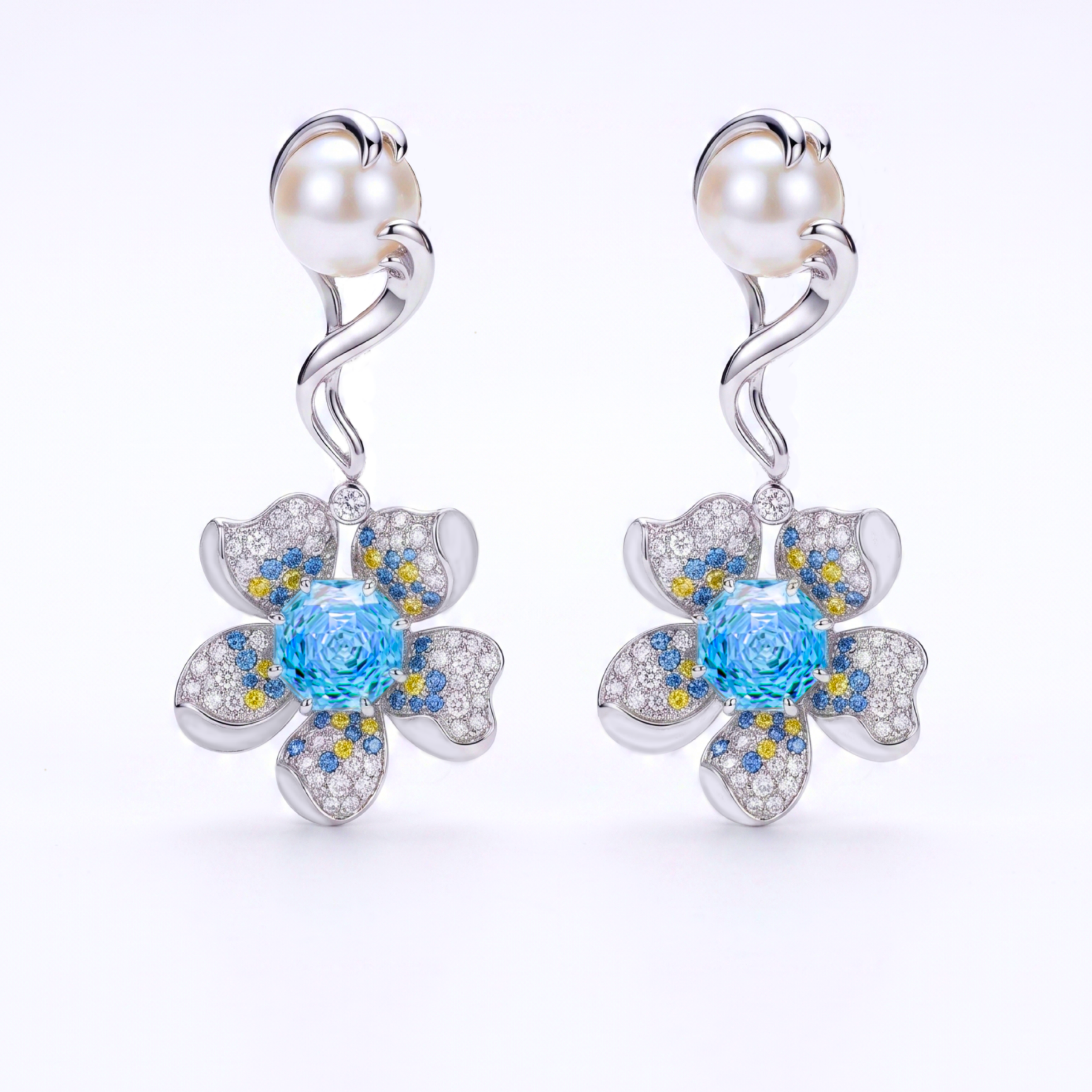 Original Design - Rose Cut Aquamarine Sapphire Flowers Dangle Earrings