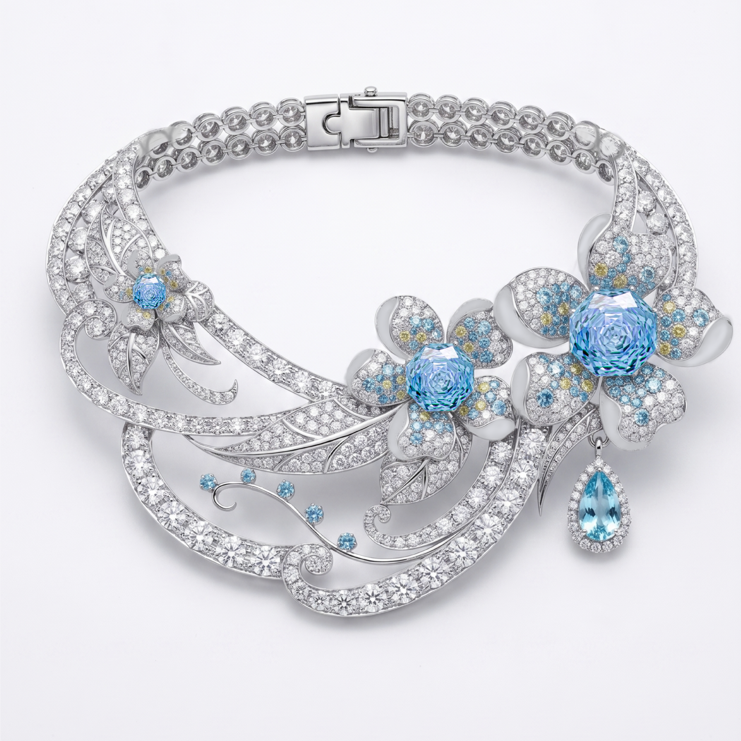 Original Design - Rose Cut Aquamarine Sapphire Flowers Necklace